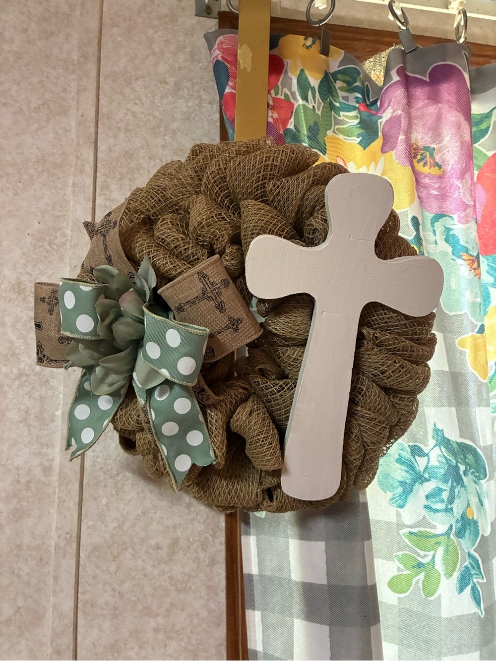 Rustic Burlap Cross Wreath with Mint Polka Dot Bow - Home Holiday Decor